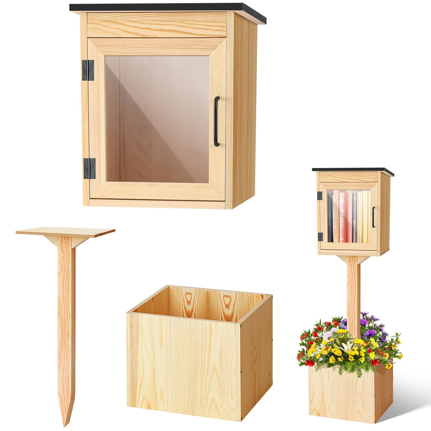 Wanderjune Outdoor Little Library Kit, Weatherproof Solid Wood Book Exchange Box with Floor Plugs & Small Flower Fence for Neighborhood, Community, Library & School(Natural Wood)