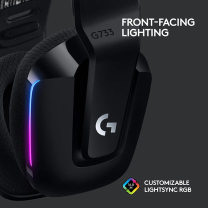 Logitech G733 Lightspeed Wireless Gaming Headset with Suspension Headband, LIGHTSYNC RGB, Blue VO!CE mic Technology and PRO-G Audio Drivers, Lightweight, 29 Hour Battery Life, 20m Range - Black