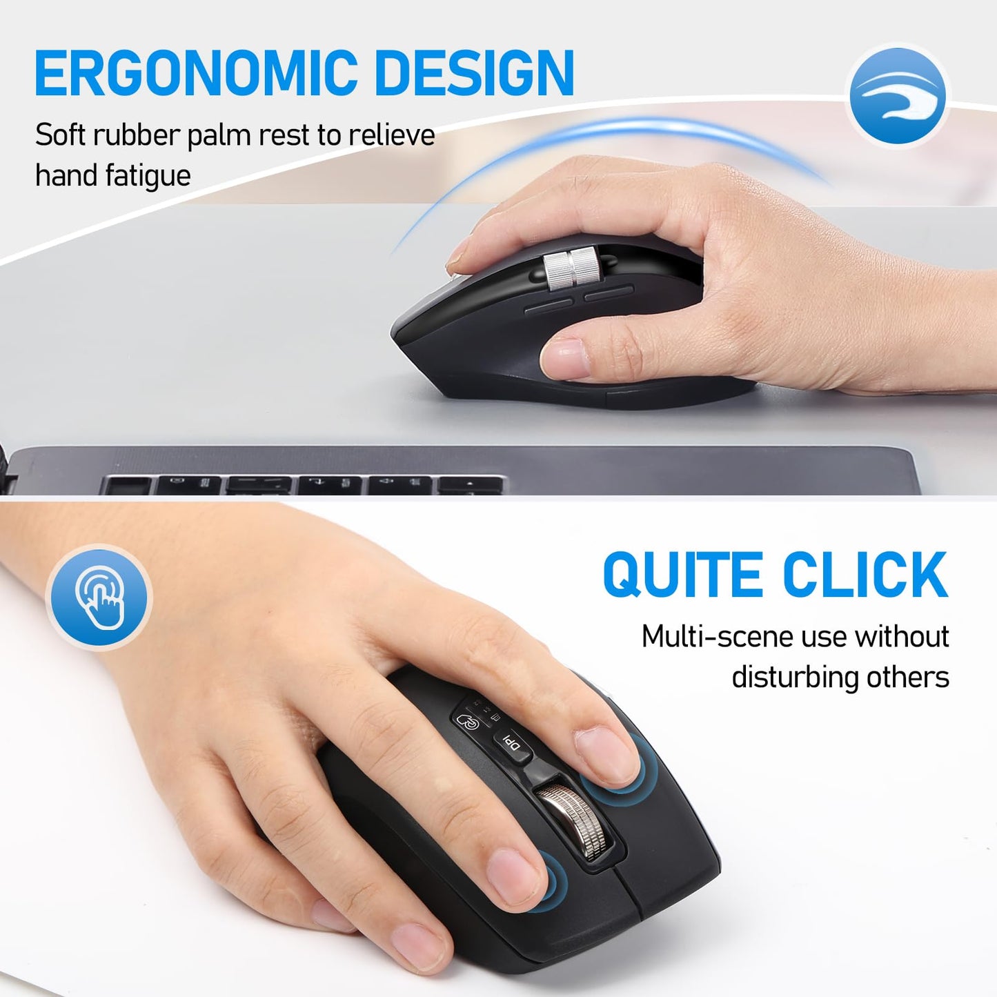 Wireless Side Scroll Mouse with Multi-Device, Ergonomic Computer Mice with Smart Flying Scroll, Quiet Click for Computer, Laptop, iPad, Tablet, MacBook (Grey)