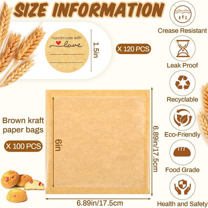 Outus 100 Pcs Cookie Packaging Bags with Seal, 6 x 6 Inch Bakery Pastry Bags with Window, Heat Sealable Grease Resistant Paper to Go Bake Sleeves for Gift Giving Donut Bread Sandwich (Brown)