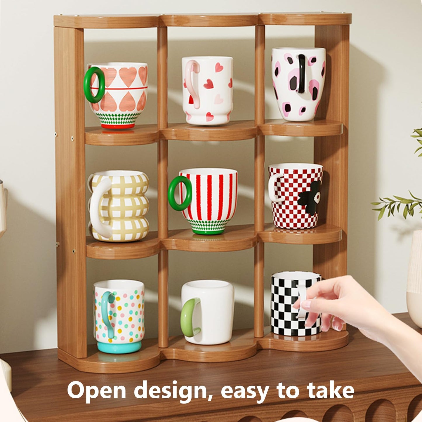 STEHEMO Wooden Coffee Mug Display Rack, Countertop Freestanding Grid Vintage Coffee Cup Display Stand, Rustic Coffee Mug Holder Organizer for Kitchen, Coffee Station,9 Grid