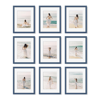 YESKAY 11x14 Picture Frame Set of 9 Photo Gallery Wall Frame Set Display Pictures 8x10 with Mat or 11 x 14 Without Multi Photo Frames for Wall Mounting or Table Top Display, Blue
