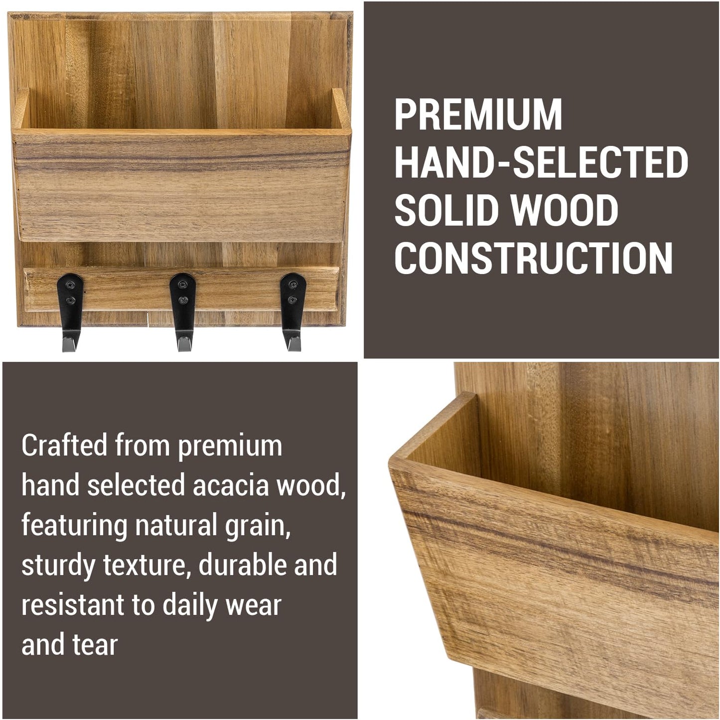 MyGift Rustic Premium Acacia Solid Wood Wall Mounted Mail Holder Rack, Hanging Wooden Home Entryway Organizer with Letter Slot and 3 Black Metal Key Hooks
