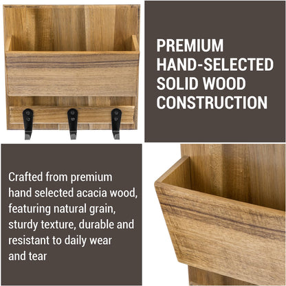 MyGift Rustic Premium Acacia Solid Wood Wall Mounted Mail Holder Rack, Hanging Wooden Home Entryway Organizer with Letter Slot and 3 Black Metal Key Hooks