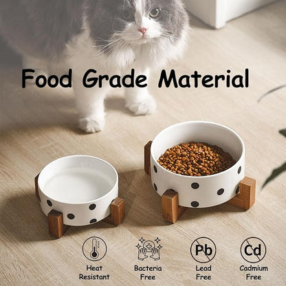 Petygooing Ceramic Dog Bowl Set with Stand, Small Pet Bowls, Anti-Slip Cat & Dog Food and Water Bowl Set (13.5OZ/5.1 in) Black Dot