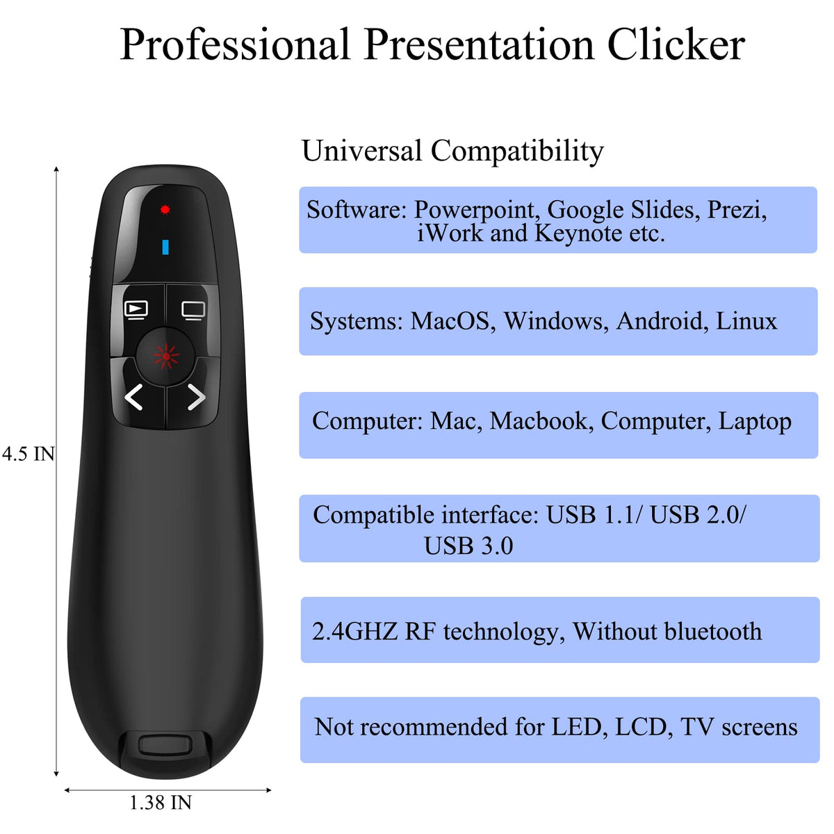 Wireless Presentation Clicker for Google Slides: 100ft Range | Ultra-Bright 656ft Red Pointer | Battery Powered - Plug & Play USB Presenter Remote with Volume & Black Screen for Mac Win PPT Keynote