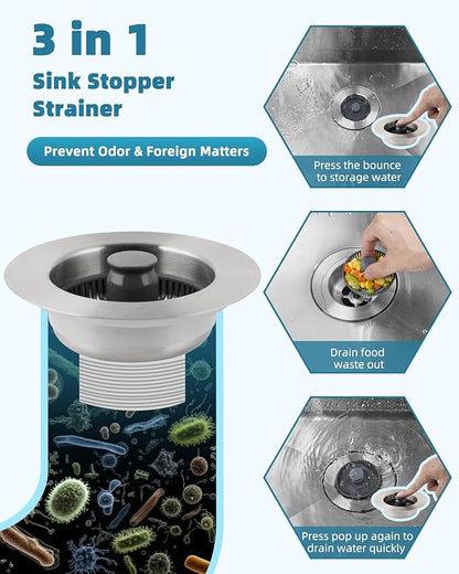 Hygie Rinse Universal Kitchen Sink Stopper Strainer 2PCS 3-in-1#304 Stainless
