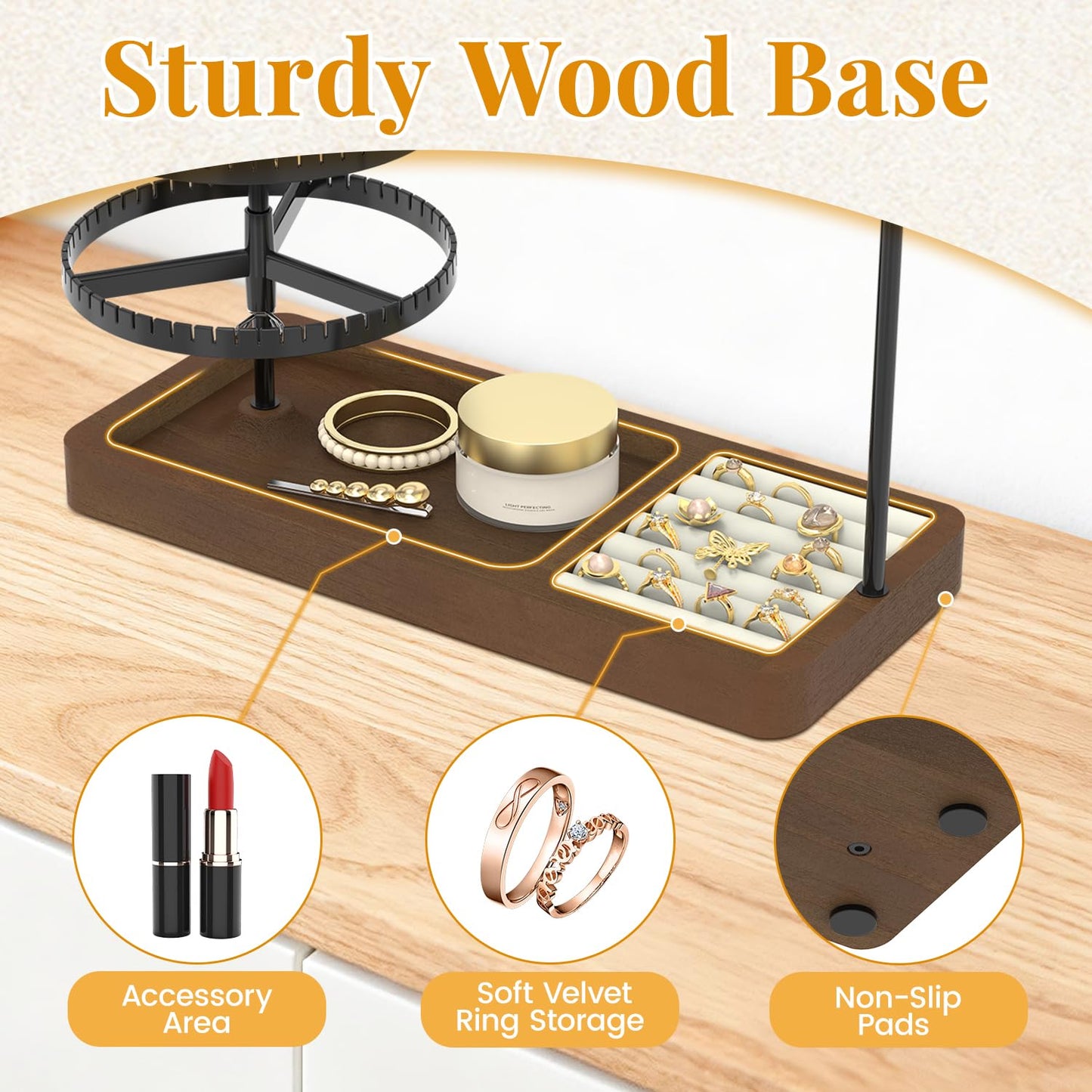 EsLuker.ly Earring Holder Organizer Necklace Display Stand, Jewelry Tree Rack Storage with Wooden Ring Tray for Women Vendors Selling, 5 Tier Plastic Rotating Earring Tower, Prevent Tangling and Mess
