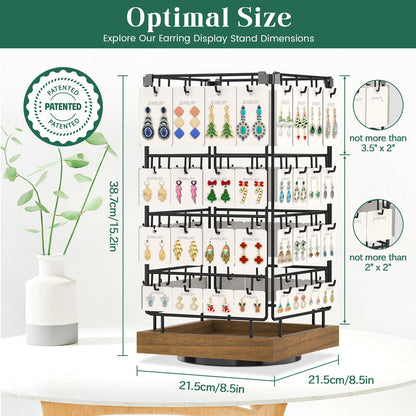 EsLuker.ly Rotating Earring Display Holder Stand for Vendors Events Selling, Large Capacity 64 Hooks Jewelry Rack with Wooden Base for Earring Card Sales, Enhances Retail Display Visibility