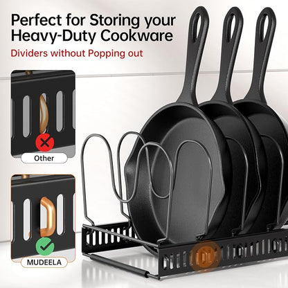 MUDEELA Pot and Pan Organizer Rack for under Cabinet, Expandable 11.81''-22.85'' Pot Lid Kitchen Cabinet Organizer Holder with 12 Adjustable Compartment Cutting Board Organizer for Pan Lid, Bakeware