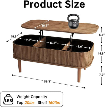 Fluted Lift Top Coffee Table with Hidden Storage, Oval Coffee Table with Lifting Top, Mid Century Modern Design for Living Room, Office & Small Spaces, Walnut