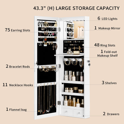 JOYUSAEN Over the Door Jewelry Organizer, Wall Mounted Jewelry Cabinet, Hanging Mirror with Storage Box, Wall/Door Mounted Full Length Mirror with LED