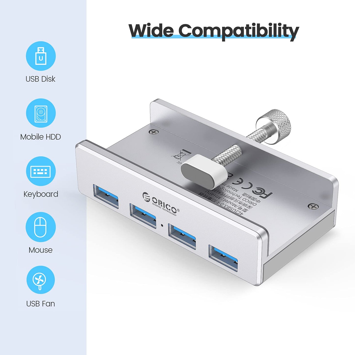 ORICO USB 3.0 Hub, USB Hub Clamp, Aluminum 4-Port USB Splitter with Extra Power Supply Port and 4.92 FT USB Data Cable, Desktop Powered USB Hub for Monitors/Desks-Black (Without Power Adapter)