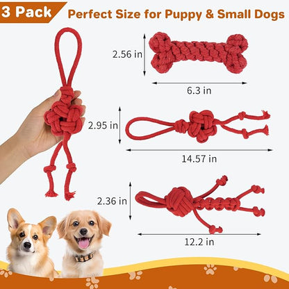 3 Pack Cotton Rope Dog Toy Set, Indestructible Chew Toys for Aggressive Chewers, Puppy Teething Toys with Bone, Human & Chinese Knot Designs for Boredom Relief & Tug of War， Red