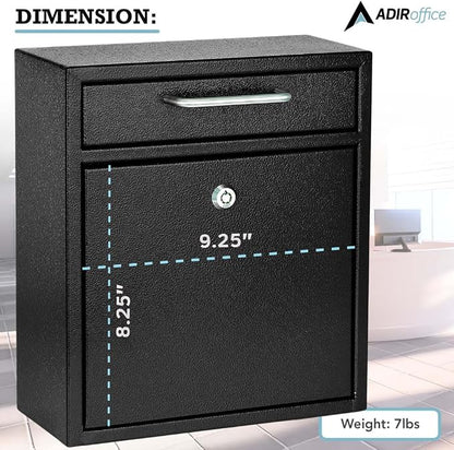 AdirOffice Wall Mount Mailbox - Mailbox with Lock and Keys- Durable Wall Mounted Locking Mailbox and Cash Drop Box for House, Apartments and Bussiness After Hours Deposits