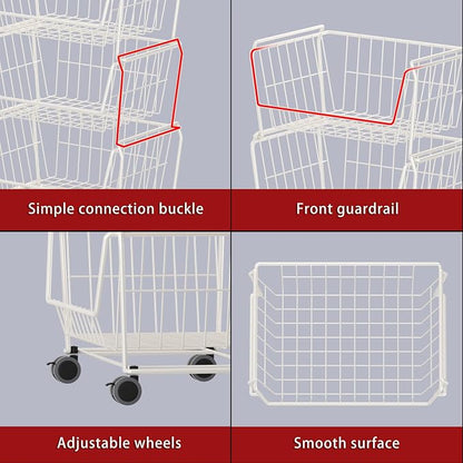 PUSDON 4-Tier Large Stackable Wire Storage Baskets with Wheels, Metal Rolling Utility Cart Organizer, Produce Basket for Kitchen Pantry, Floor Shelf, Classic White