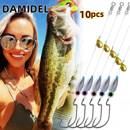 DAMIDEL 10Pcs Fishing Bullet Weights Texas Rigs Ready Kit,Worms, Sinker (10g/7g/5g), Worm Hooks, Carbon line,Spinner Blades，Eye Beads Bait, Fishing Bass Rig Saltwater Freshwater(10g)