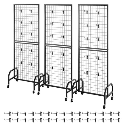 VEVOR 3 Packs Grid Wall Panels, 1.9 x 5.4 ft Wire Grid Panels Display Rack, Movable Art Display Shelf with Wheels and 30 Hooks, Black Carbon Steel Gridwall for Craft Show, Decor, Storage, Notice Board