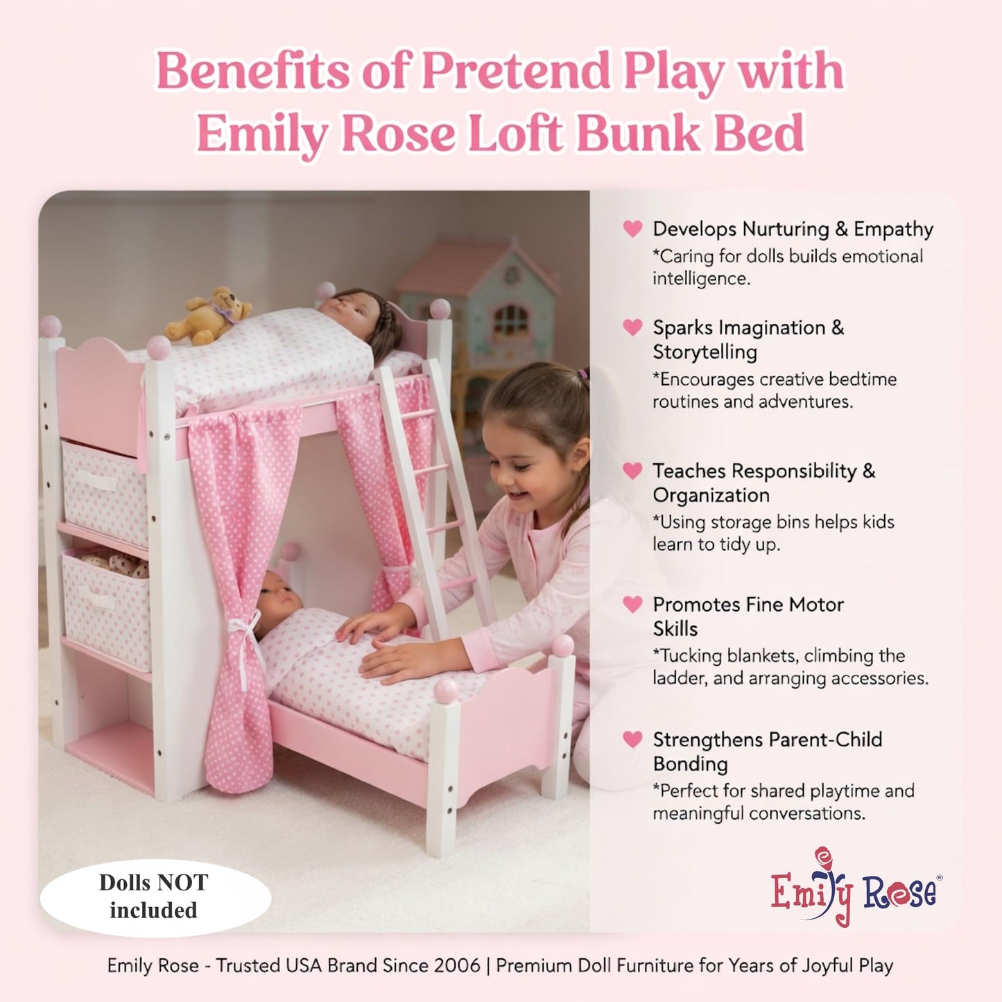 Emily Rose 18 Inch Doll Loft Bunk Bed Pink - Wooden Doll Bunkbed with Storage Shelves, Ladder, Removable Single Bed, 2 Polka Dot Bedding Sets & Curtains - Fits American Girl Dolls