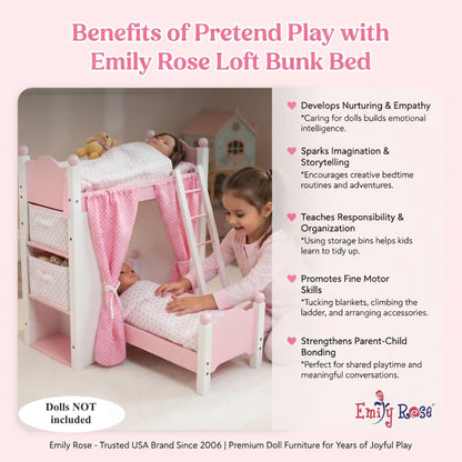 Emily Rose 18 Inch Doll Loft Bunk Bed Pink - Wooden Doll Bunkbed with Storage Shelves, Ladder, Removable Single Bed, 2 Polka Dot Bedding Sets & Curtains - Fits American Girl Dolls