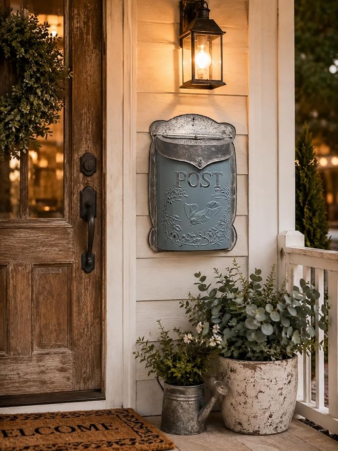 I Vintage Style Post Box I Nostalgic Charm Home Decor I Farmhouse Design I 15.9" Height x 11" Wide (Blue)