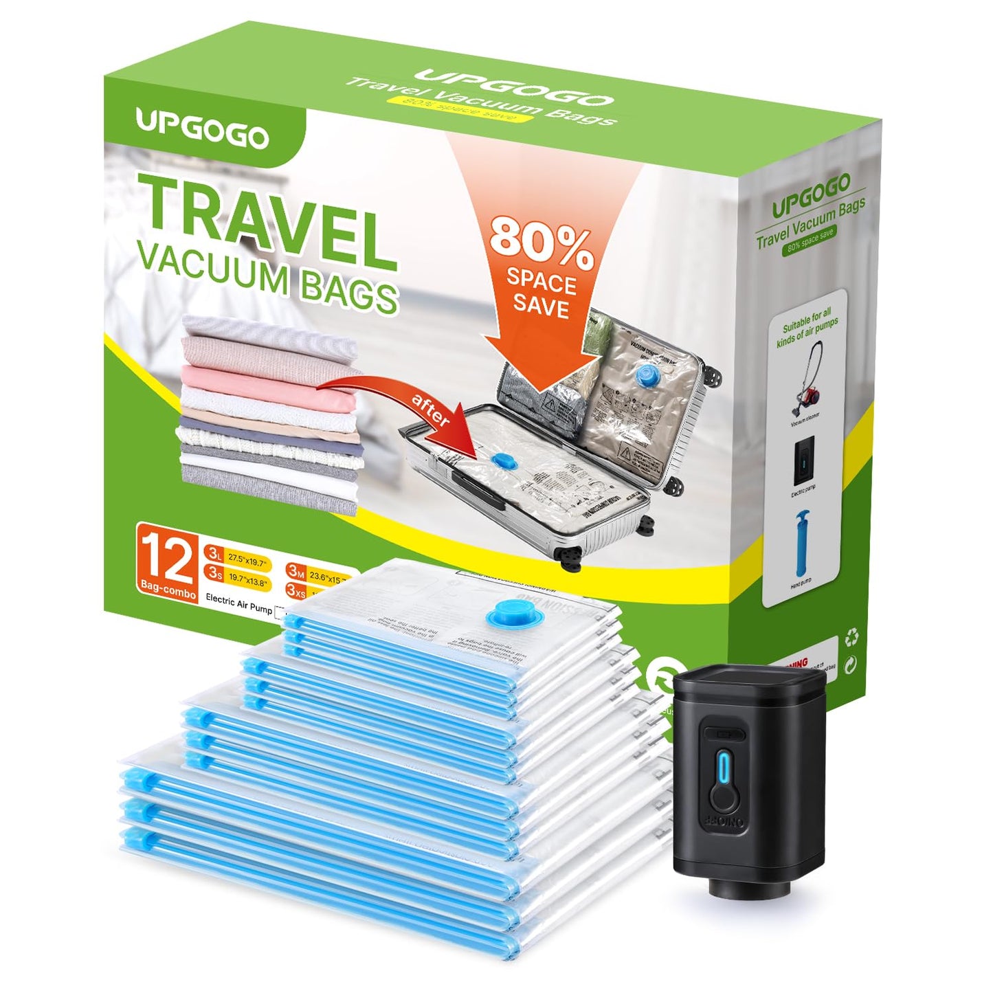 UPGOGO Combo 12 Pack Travel Vacuum Bags with Portable Electric Pump, Space Saver Vacuum Storage Bags for Clothing and Luggage, Travel Essentials