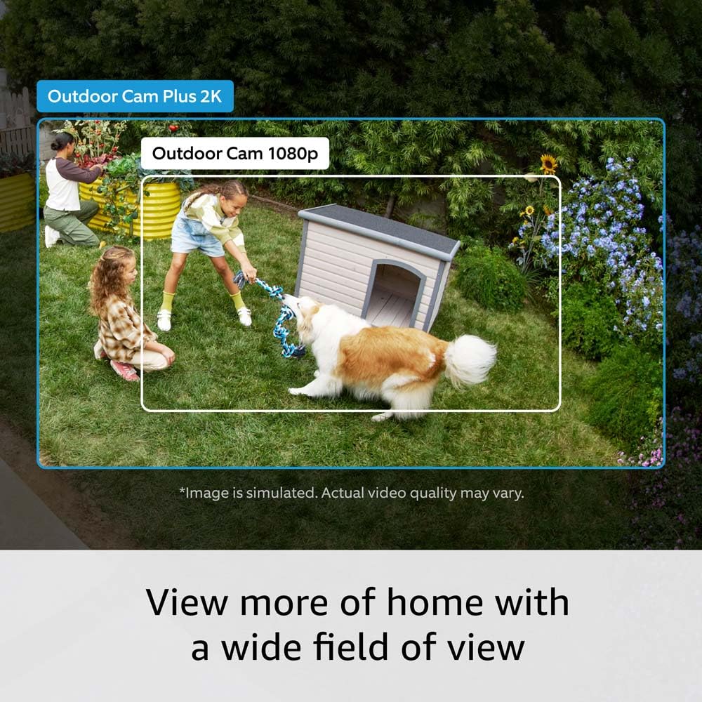 Introducing Ring Outdoor Cam Plus, Plug-In — Wide-Angle 2K Video with Ring Vision, Low-Light Sight for full-color night vision, Mount-anywhere versatility, White