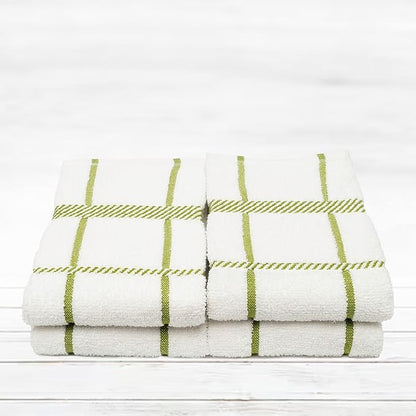 100% Cotton Terry Dish Towels, 4 Pack Checks, 16 x26 Inches, Super Soft and