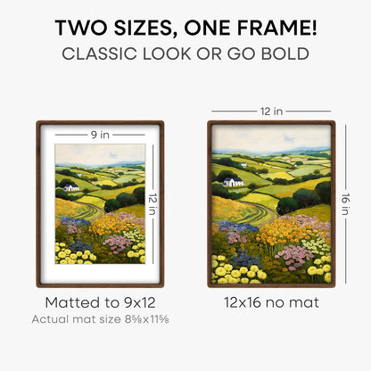 Homeforia Brown Picture Frame 12x16, Mortise & Tenon Walnut 12 by 16 Wooden Photo Frames with Mat 9 x 12 for Wall, 16x12 Dark Solid Wood Frames Matted to 9x12 Print, Tempered Glass, Wall Kit, Set of 1