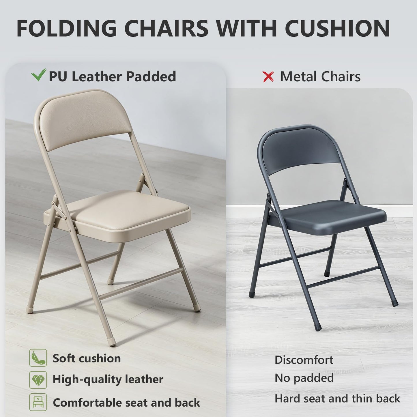 FurniEdge Padded Folding Chairs 2 Pack, PU Leather Folding Chairs for Outside and Indoor, Heavy Duty Portable Foldable Metal Chairs for Home Office, Dorm, Party, Backyard, Patio, Khaki