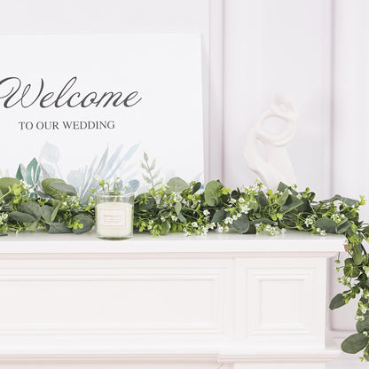 BonBloom's 8 Packs Artificial Eucalyptus Garland with White Flowers 5.9Ft Faux Greenery Garland Vines Spring Garlands for Bedroom Centerpieces Table Wedding Backdrop Arch Mantle Room Decor