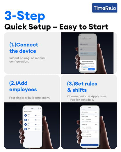 TimeRalo Cloud-Based Time Clock for Small Businesses, 3-in-1 Fingerprint Attendance System with Smart Scheduling, Overtime & Lunch Rules, 2.4GHz WiFi, Auto Reports, No Monthly Fees (with 10 ID Cards)