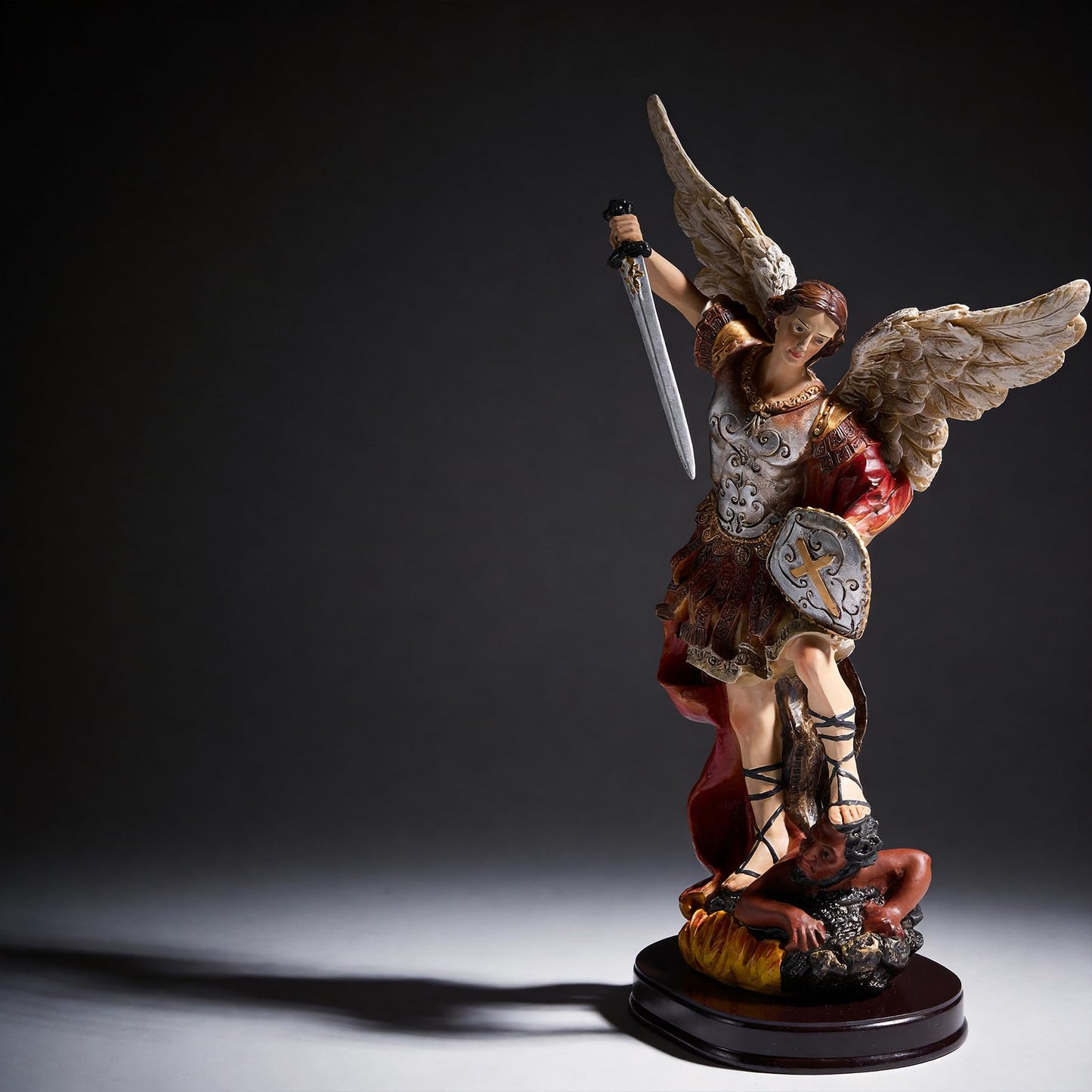 ASTARIKO Catholic St. Michael the Archangel Statue - 11.2” H Hand-Painted Resin Figurine on Premium Wooden Base, Saint Michael Defeating Satan Religious Gifts for Home Decor