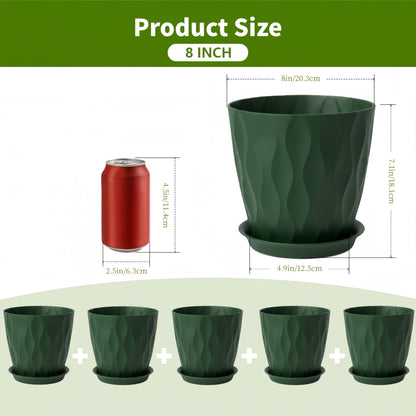 LESOASIS Plant Pots 8 Inch, 6 Pack Plastic Flower Pots for Indoor & Outdoor Plants, Planters with Drainage Holes and Saucer, Garden Pot for Plants (Deep Green)
