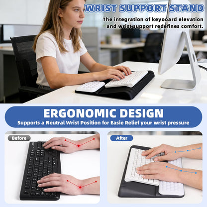 Keyboard Stand with Wrist Rest，Ergonomic Wrist Pad Memory Foam Keyboard Riser Holder Tray with Non-Slip Base, Pain Relief for Work Study Game (Black and White)