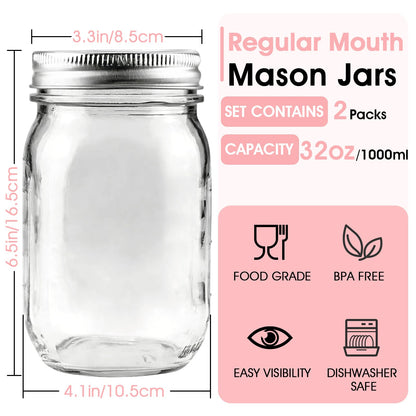 32oz Regular Mouth Mason Jars 2-Pack with Airtight Lids, Glass Canning Jars for Meal Prep, Overnight Oats, Jam & Food Storage, BPA-Free Clear Glass Jars for Canning, Fermenting & DIY Crafts