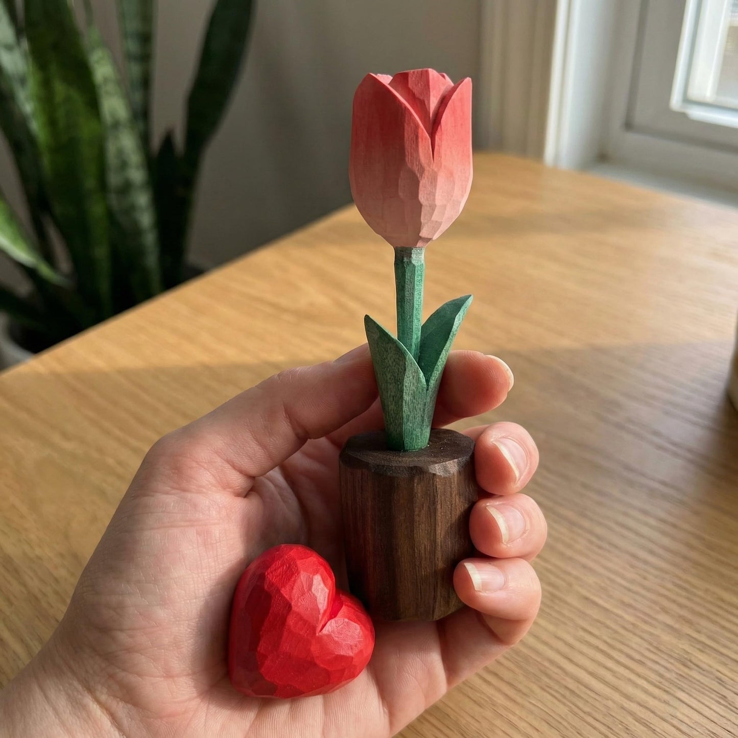 Hand Carved Wooden Tulip Flower with Red Heart Figurine in Gift Box - Everlasting Wood Sculpture for 5th, Valentine’s Day - Painted Faceted Floral Art (Blossom Pink)