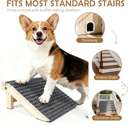 Foldable Dog Ramp for Stairs, Wooden Dog Stairs for Small Dogs | 4.2"H, 2 Pack, Up to 170 lbs, Assist Elderly/Injured Small Dogs, Anti-Slip Carpet Surface, Natural Solid Wood, No Assembly