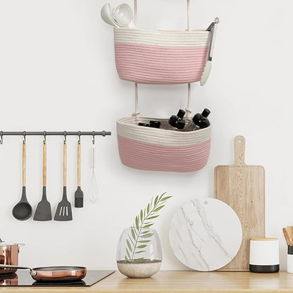 TeoKJ Over the Door Organizer, 3-Tier Woven Cotton Hanging Kitchen Baskets