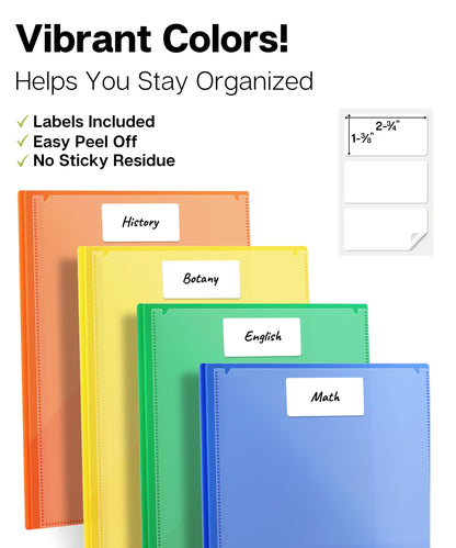 Dunwell 2-Pocket 3-Prong Folders with Clear Front View Pocket, 6 Vibrant Colors, Durable Acid-Free Poly Plastic, 3-Hole Binders with Brads and Pockets, Include Labels