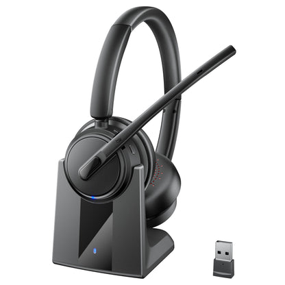 Mopchnic Wireless Headset with Noise Cancelling Microphone, On-Ear Bluetooth Headset with USB Dongle, Mute Function & Charging Base, Wireless Headphones for Work from Home and Call Center (Black)