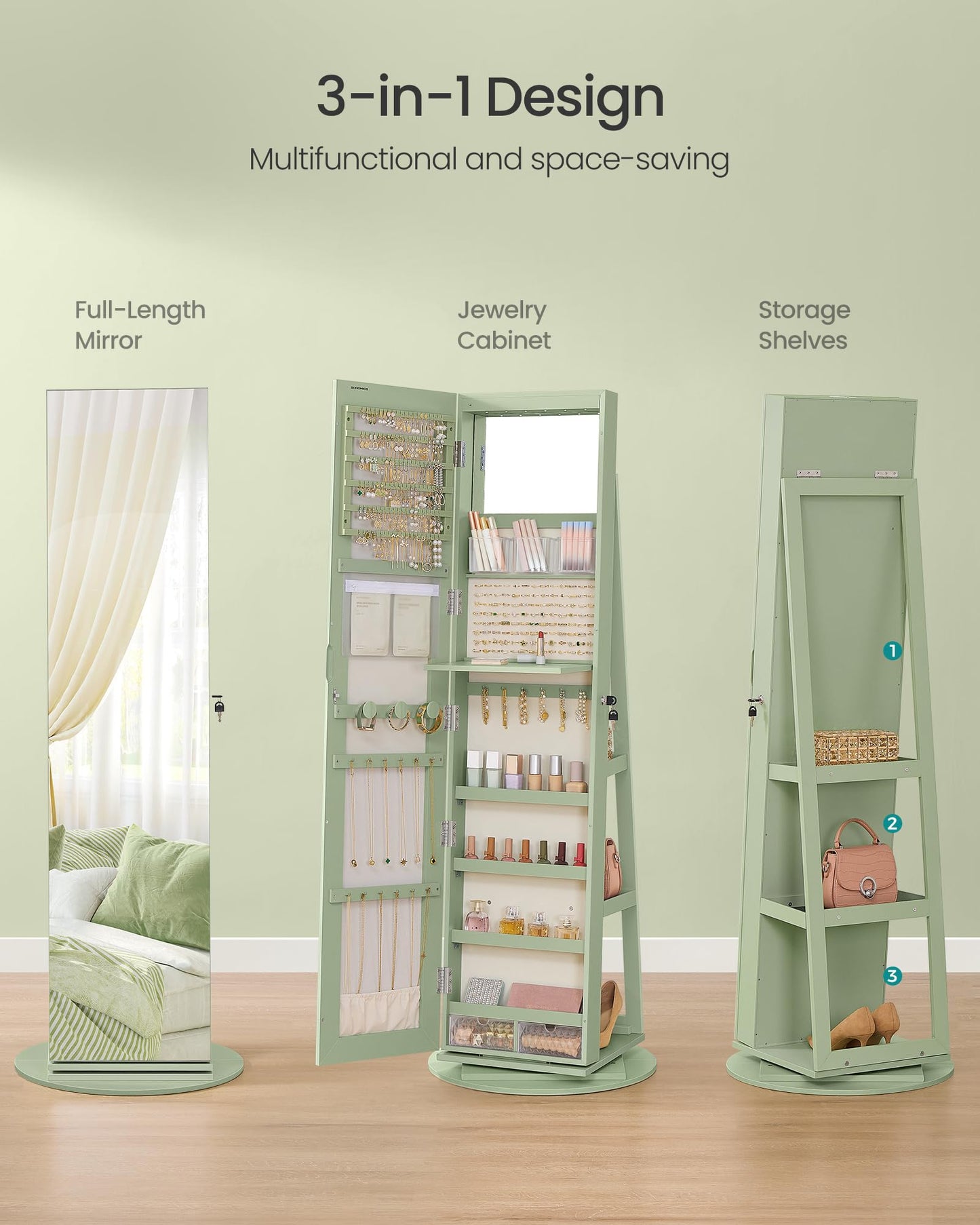 SONGMICS 6 LEDs Lockable Mirror Jewelry Cabinet, 360° Swivel Jewelry Organizer Armoire Standing, Frameless Full-Length Mirror, 3 Storage Shelves, Laurel Green Surface, Cream White Lining UJJC007C01