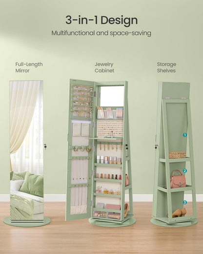 SONGMICS 6 LEDs Lockable Mirror Jewelry Cabinet, 360° Swivel Jewelry Organizer Armoire Standing, Frameless Full-Length Mirror, 3 Storage Shelves, Laurel Green Surface, Cream White Lining UJJC007C01