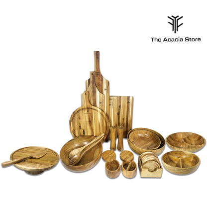 11.5 inches Acacia Wood Salad Bowl Set with 1 set spoon and fork, in a gift box, made from one pc solid acacia wood, made in Vietnam.