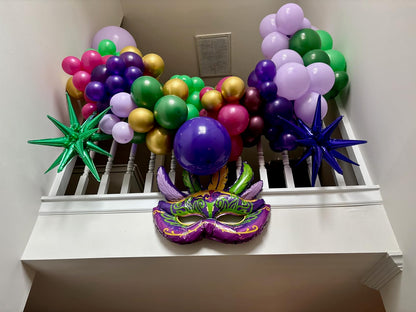 Mardi Gras Purple Green Hot Pink Gold Balloon Garland Arch Kit 156Pcs with Large Mardi Mask Explosion Star Foil Balloons for Carnival Birthday Masquerade Party Decorations Fat Tuesday Party Supplies