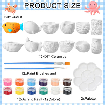 Hushee 12 Sets Ceramic Succulent Planters Paintable Succulent Plant Pots Small DIY Figurines Unpainted Pots with Drainage Hole Color Paints Paintbrushes Palettes(Sea Animals)