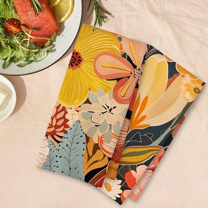 Abstract Boho Floral Kitchen Towels Set of 2, Maximalist Colorful Flower Hand