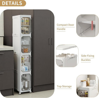 3-Tier Slim Bathroom Narrow Storage Cabinet with Wheels, White | Tool Free Assembly, Adjustable shelves, Lockable Wheels, Magnetic Clear Door, Fits for Narrow Spaces