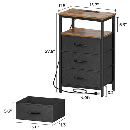 Huuger Nightstand with Charging Station, 27.6 Inch End Table Bedside Table with USB Ports and Outlets, Fabric Drawers, Night Stand for Bedroom, Rustic Brown and Black