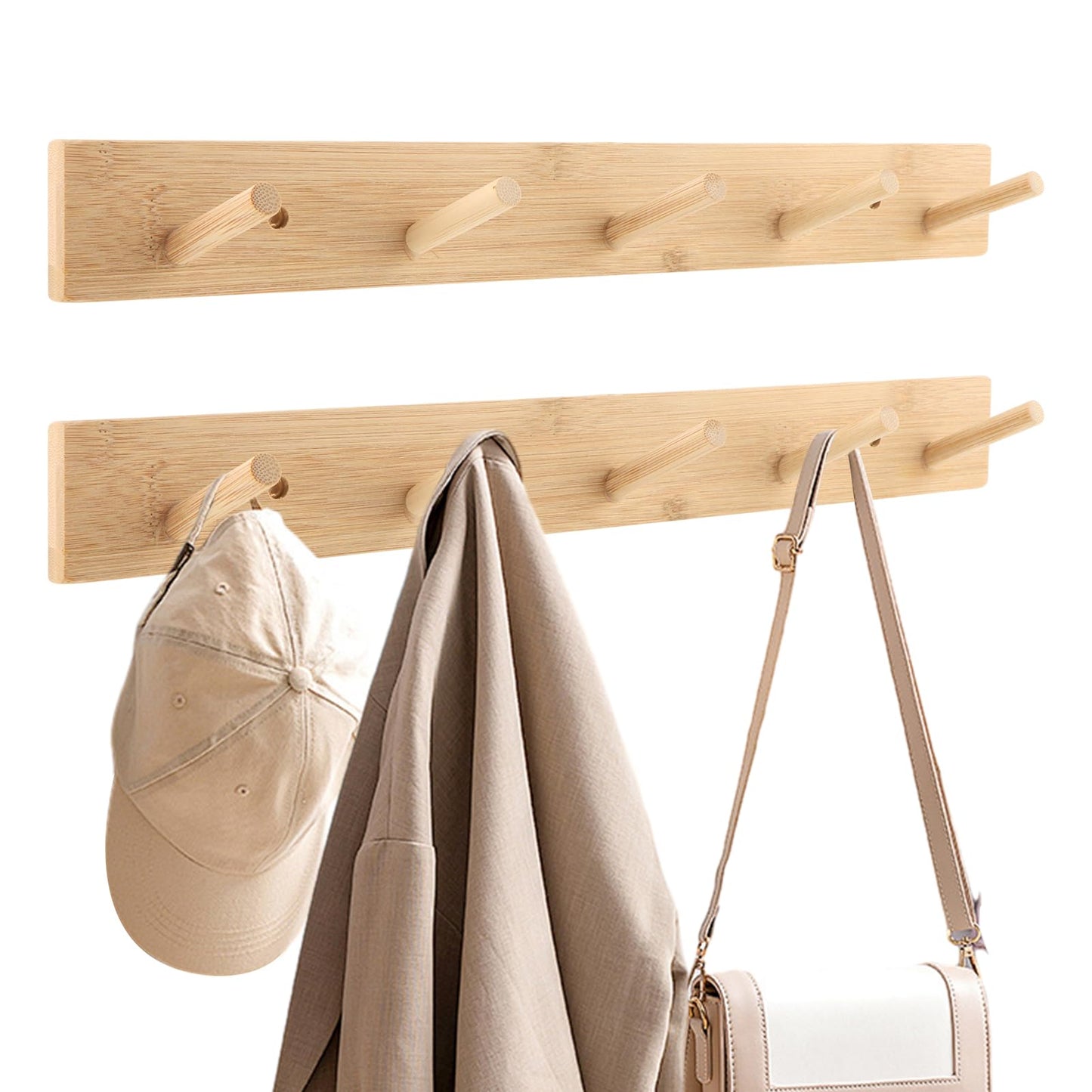 Anscuto 2Pcs Wooden Wall Mounted Coat Rack, 15.35'' Coat Rack Wall Mount with 5 Hooks for Hats, Jacket, Robes, Towels(Color:Natural)